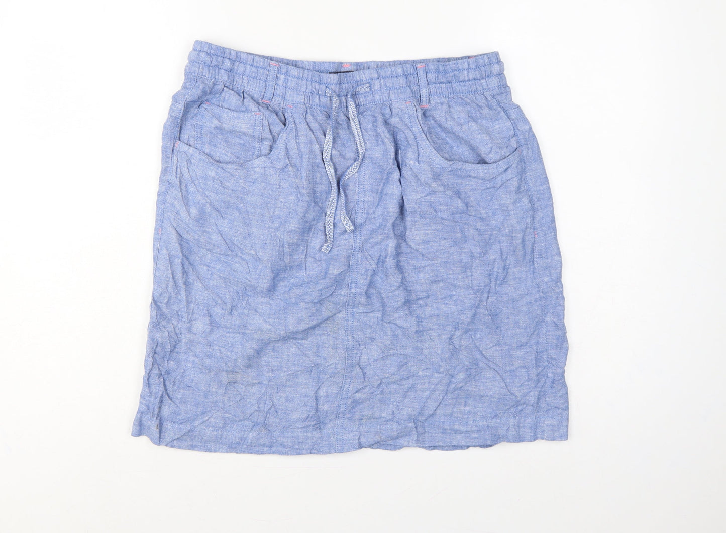 M&S Women Blue UK 14 Linen Lyocell Drawstring Knee Length Skirt