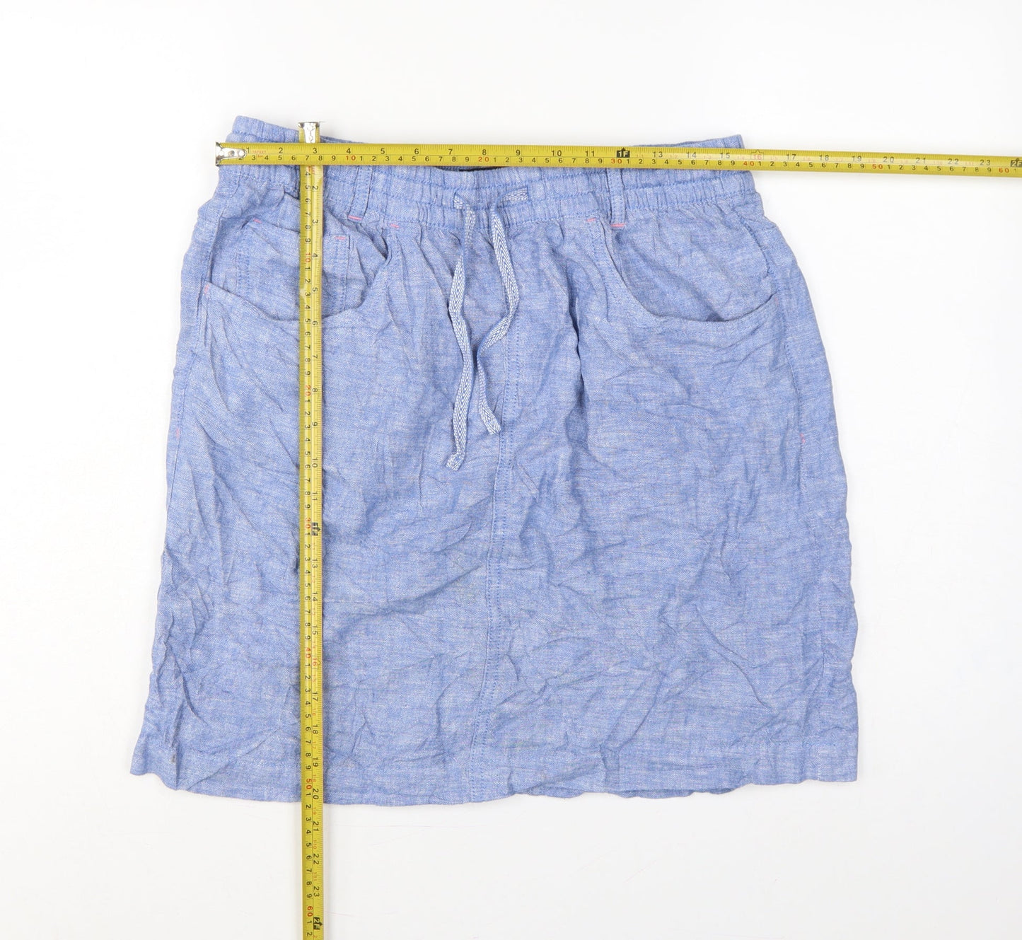 M&S Women Blue UK 14 Linen Lyocell Drawstring Knee Length Skirt