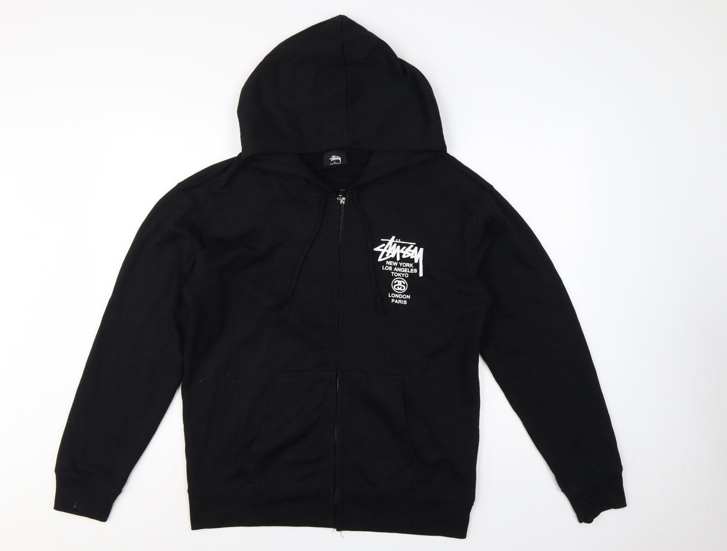 Stussy Men Black XL Full Zip Cotton Graphic Print Hoodie