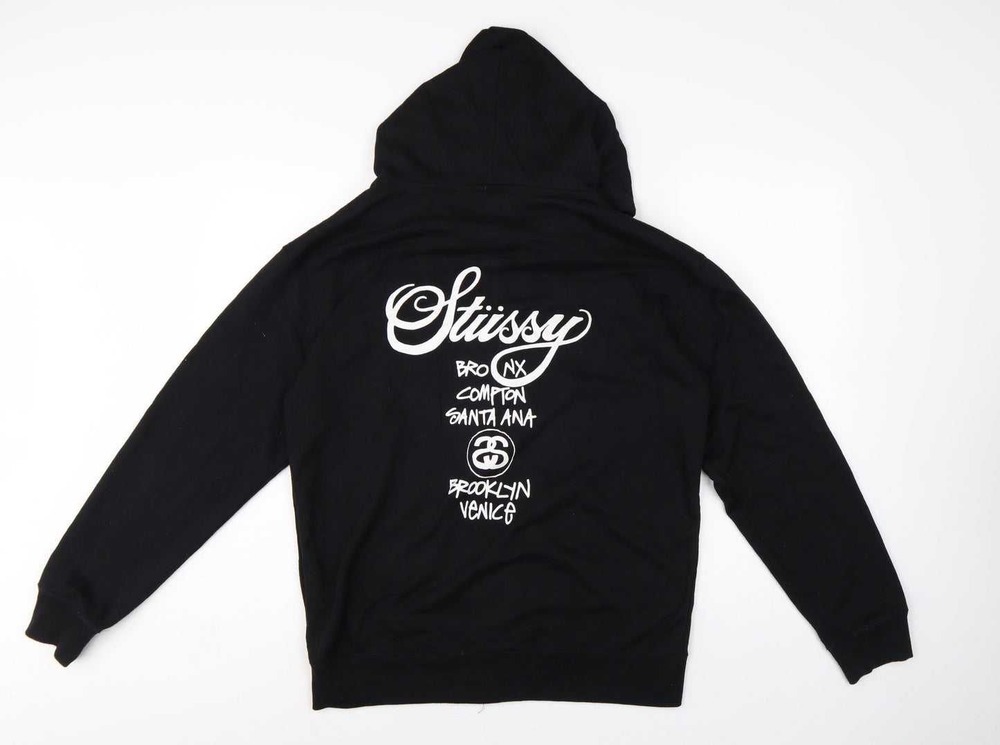 Stussy Men Black XL Full Zip Cotton Graphic Print Hoodie