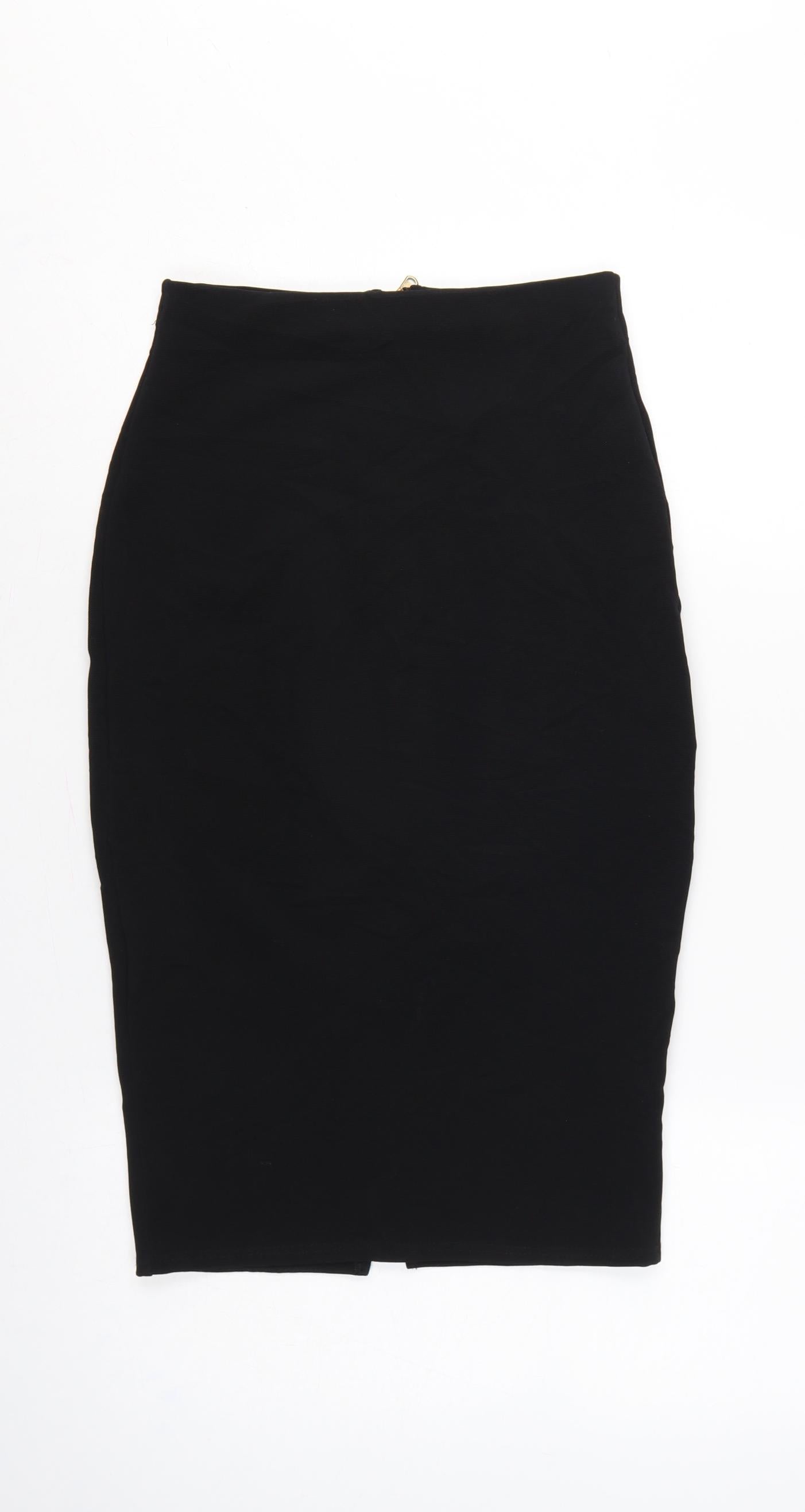 River Island Women Black UK 8 Midi Pencil Skirt Gold Zip Stretch