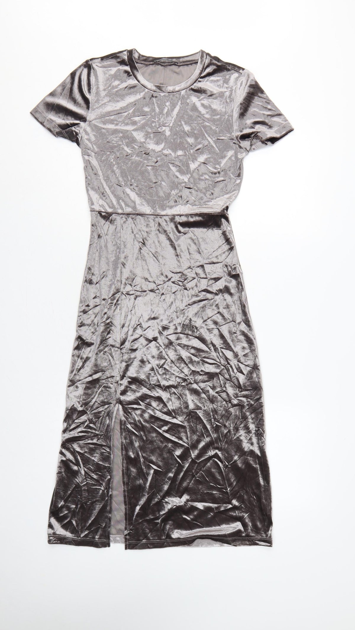 Zara Women Grey M Velour Midi Sheath Dress Short Sleeve Side Slit