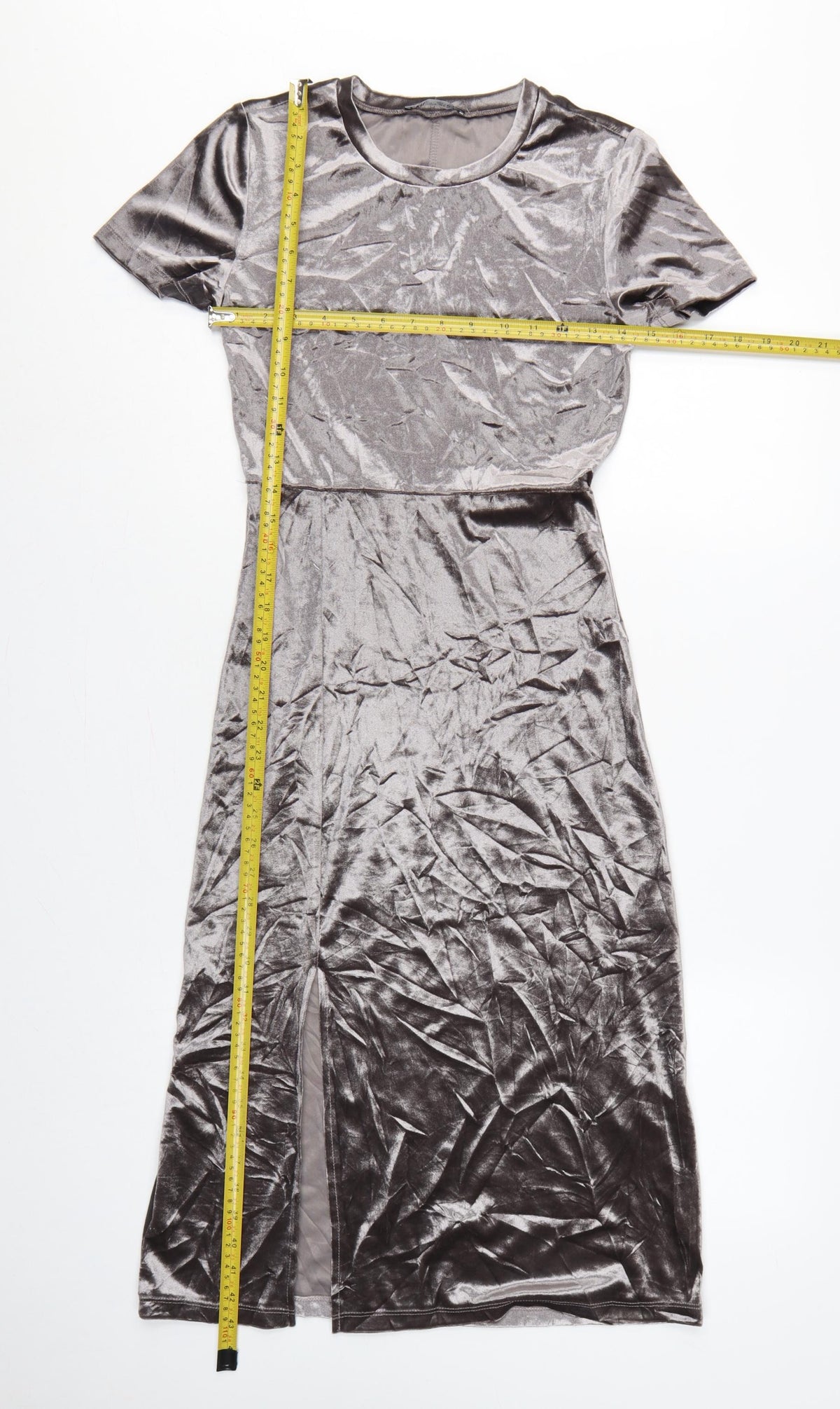 Zara Women Grey M Velour Midi Sheath Dress Short Sleeve Side Slit