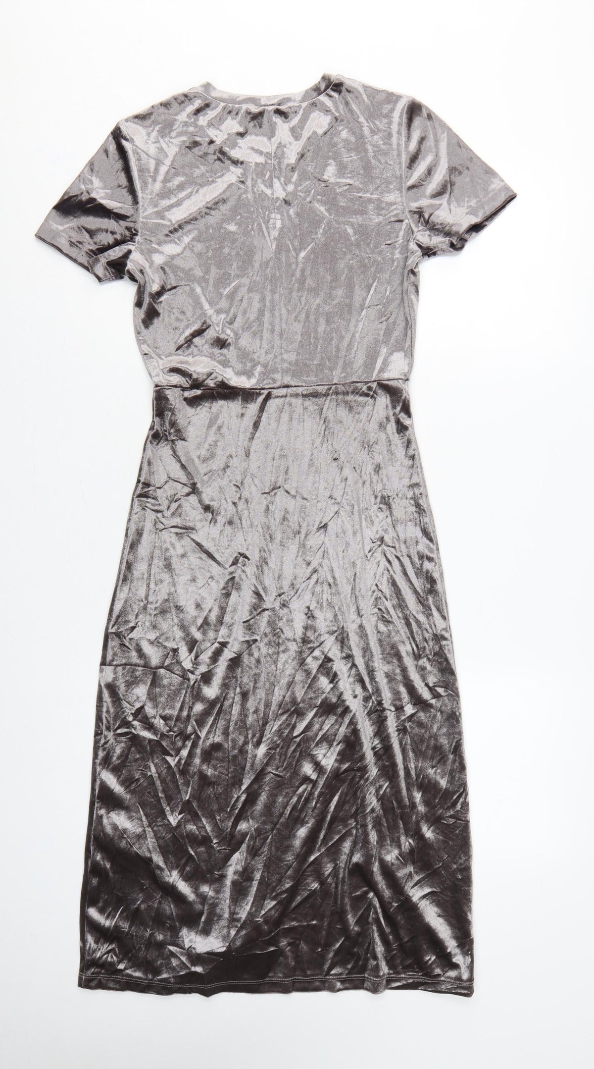 Zara Women Grey M Velour Midi Sheath Dress Short Sleeve Side Slit