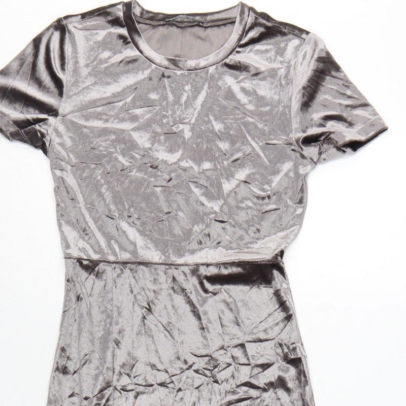 Zara Women Grey M Velour Midi Sheath Dress Short Sleeve Side Slit