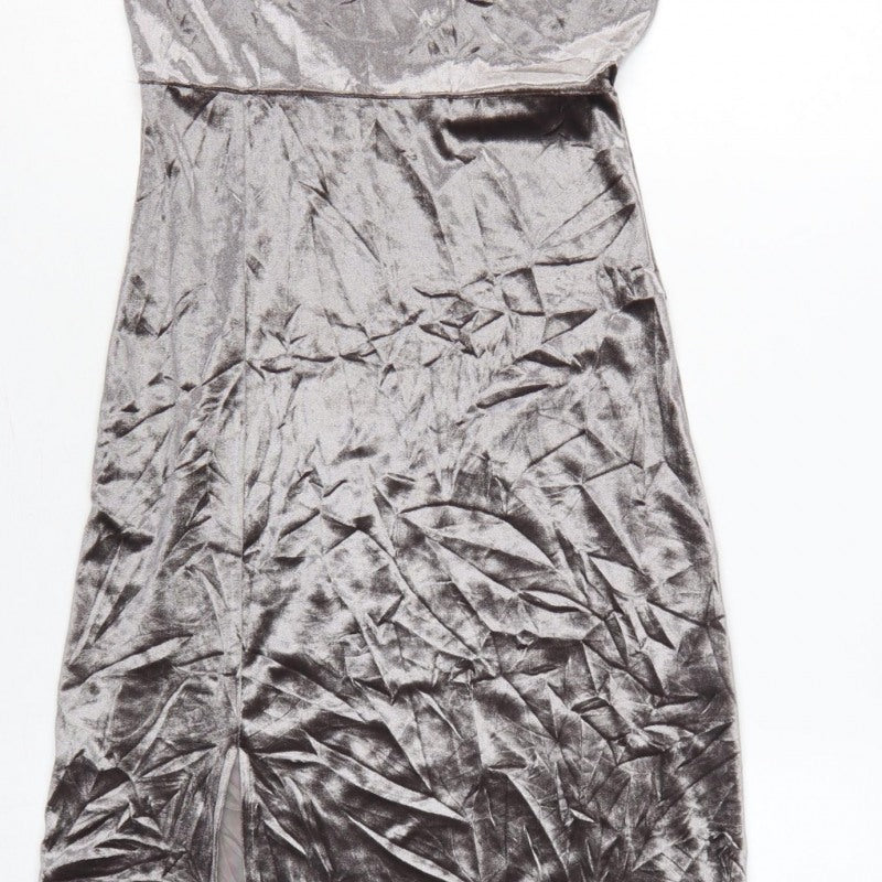 Zara Women Grey M Velour Midi Sheath Dress Short Sleeve Side Slit