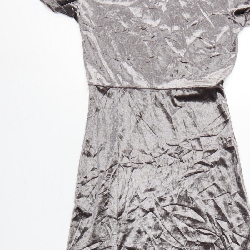 Zara Women Grey M Velour Midi Sheath Dress Short Sleeve Side Slit