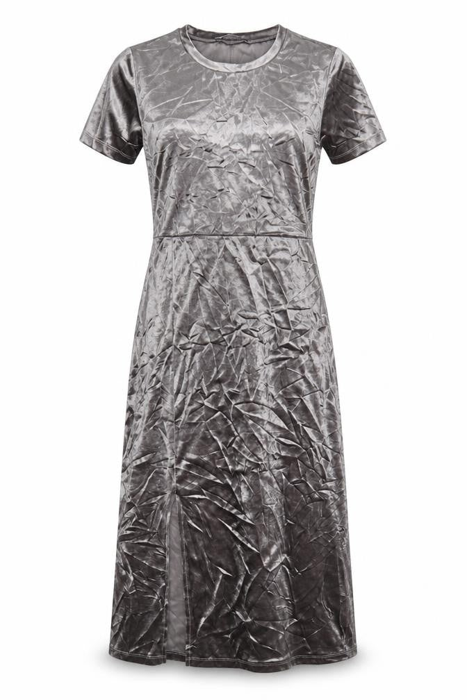 Zara Women Grey M Velour Midi Sheath Dress Short Sleeve Side Slit