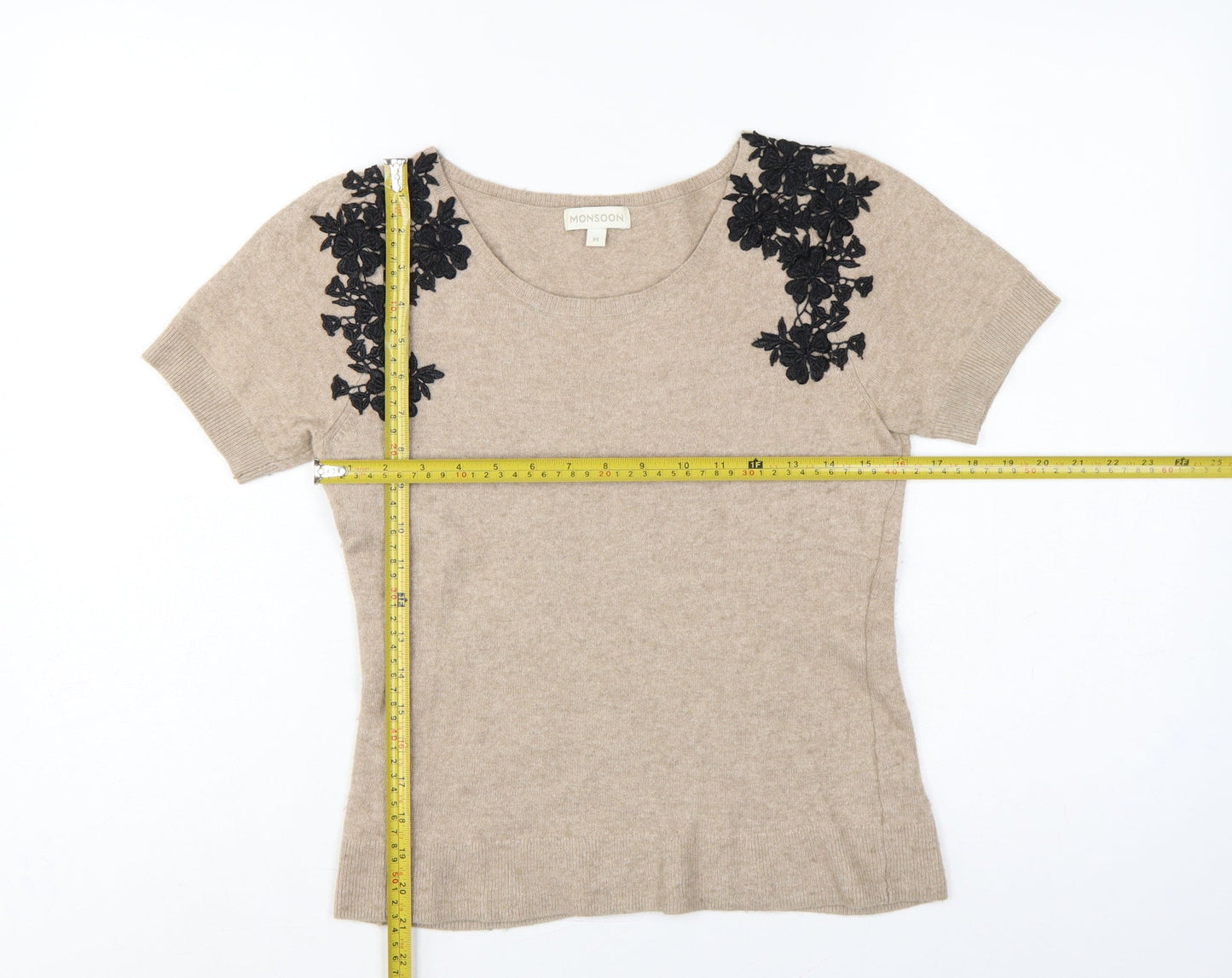 Monsoon Women Beige Floral Appliqué Knit Jumper Size 12 Short Sleeve