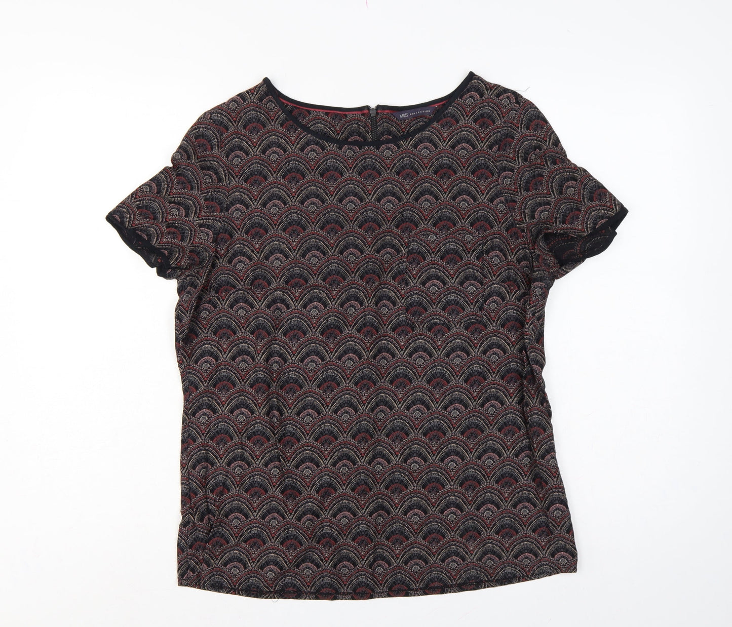 Marks and Spencer Women Black Geometric Viscose Blouse UK 12 Short Sleeve