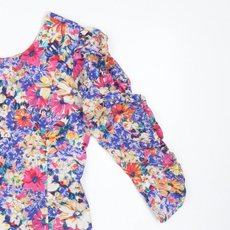 Zara Women Multicoloured M Floral Cropped Balloon Sleeve Blouse