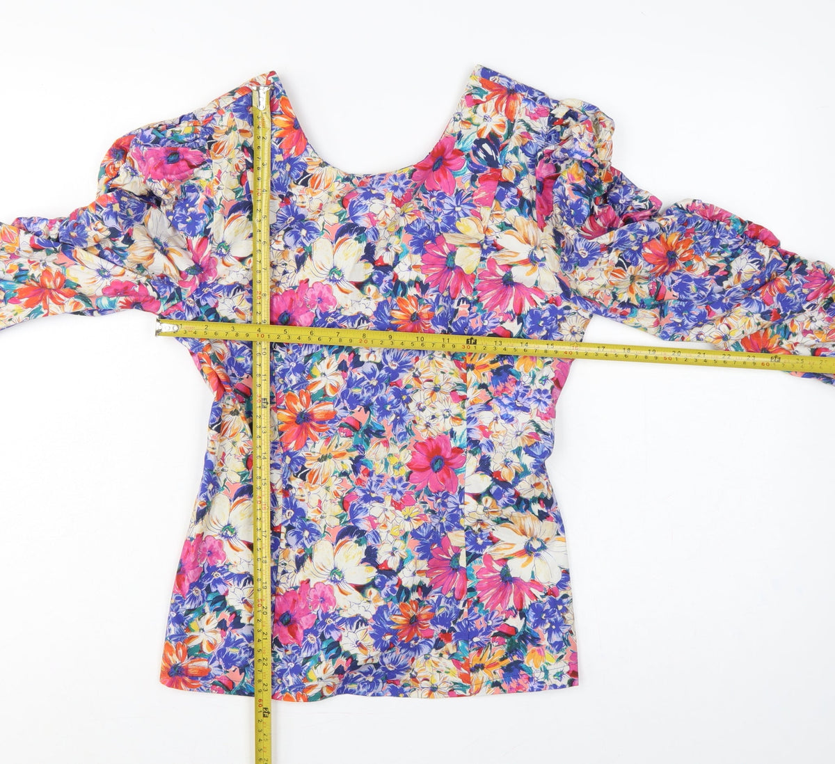 Zara Women Multicoloured M Floral Cropped Balloon Sleeve Blouse