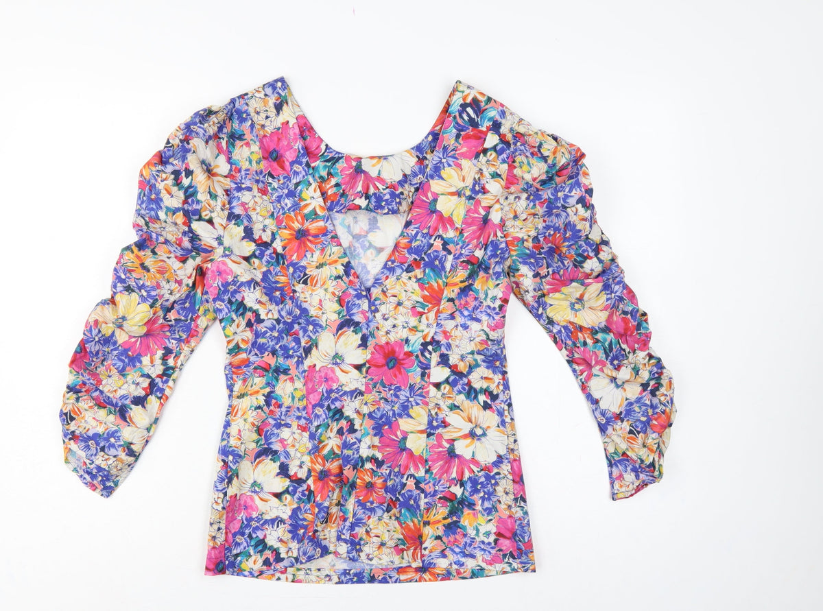 Zara Women Multicoloured M Floral Cropped Balloon Sleeve Blouse