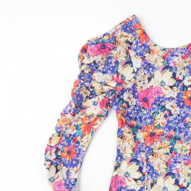 Zara Women Multicoloured M Floral Cropped Balloon Sleeve Blouse