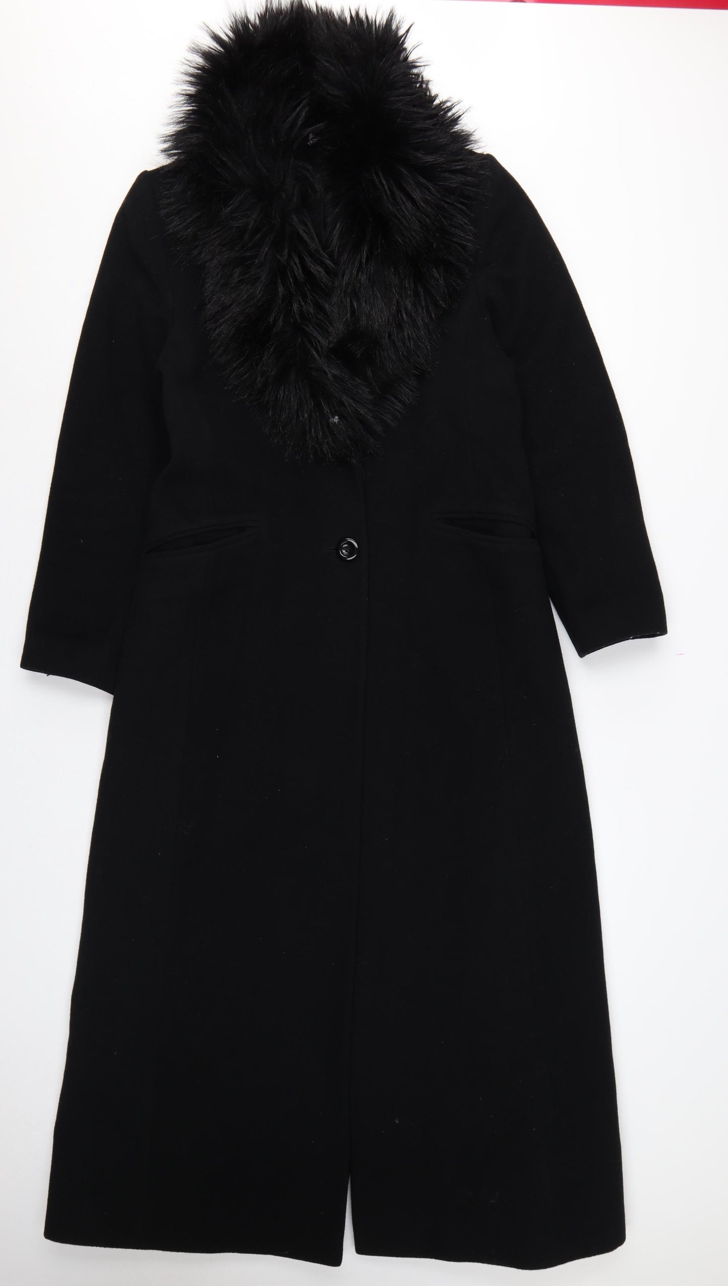 C&A Yessica Women Black UK 12 Long Wool Cashmere Fur Trim Overcoat