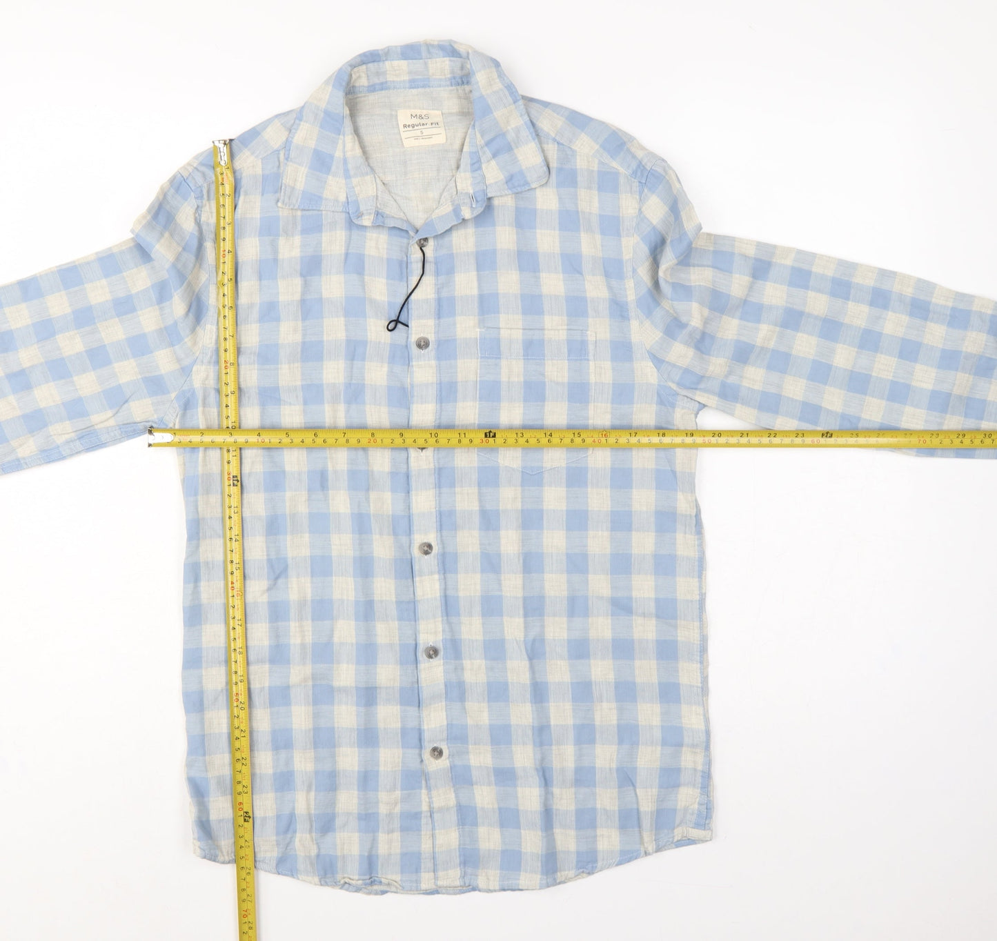 Marks and Spencer Men’s Blue Check Cotton Shirt Small Regular Fit