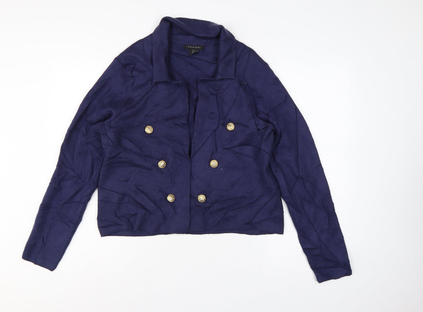 Tahari Women Blue L Double-Breasted Collared Knit Cardigan Gold Buttons