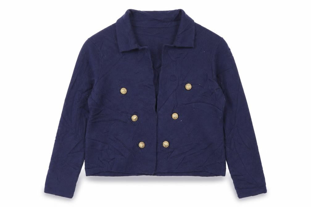 Tahari Women Blue L Double-Breasted Collared Knit Cardigan Gold Buttons