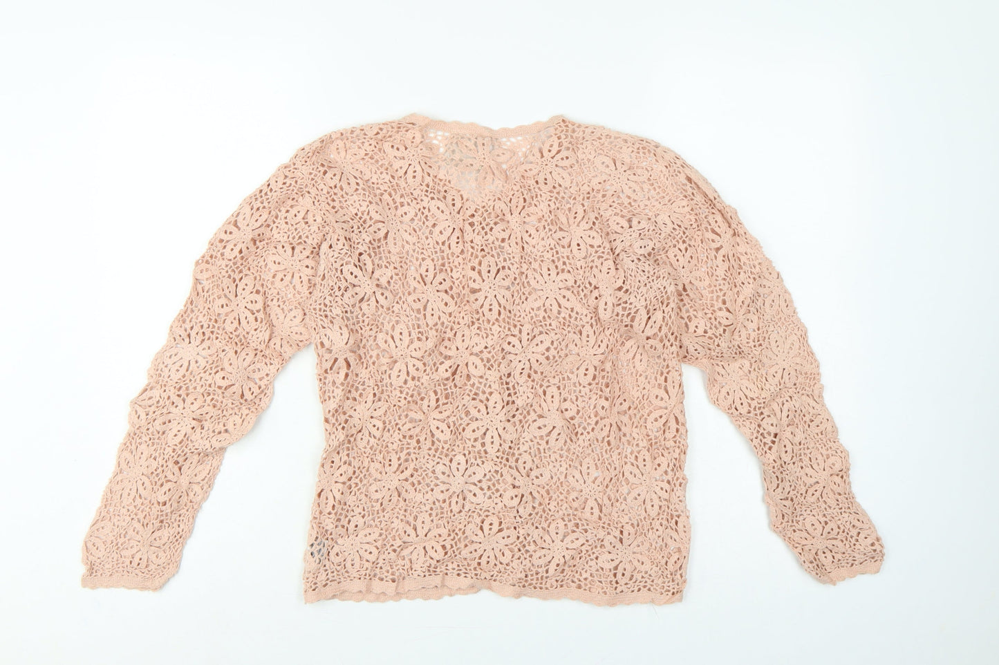 River Island Women Pink Size 10 Floral Crochet Button V-Neck Blouse