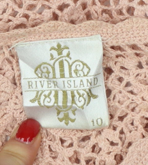 River Island Women Pink Size 10 Floral Crochet Button V-Neck Blouse