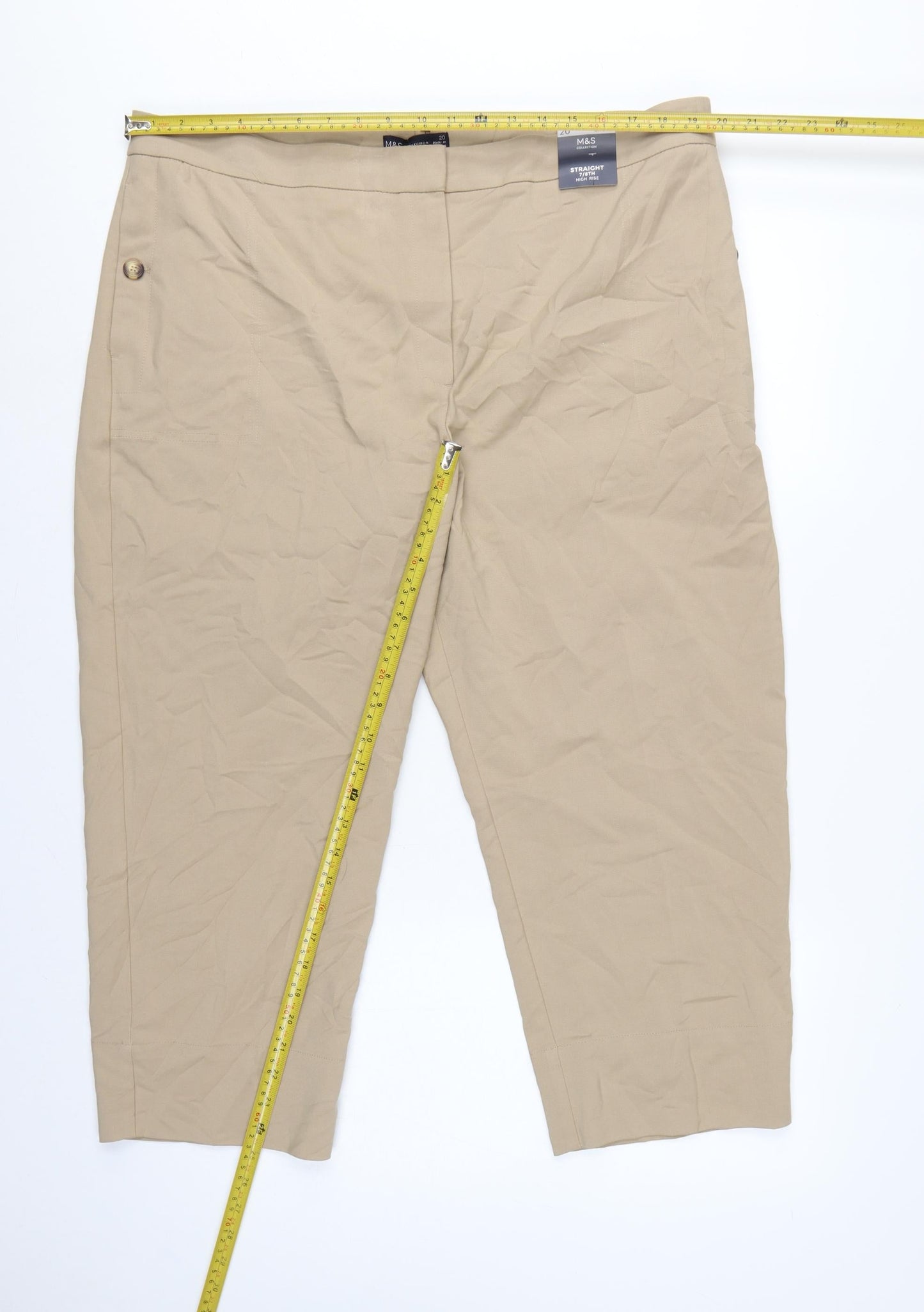 M&S Women Beige Size 20 High Rise Straight 7/8 Cropped Trousers