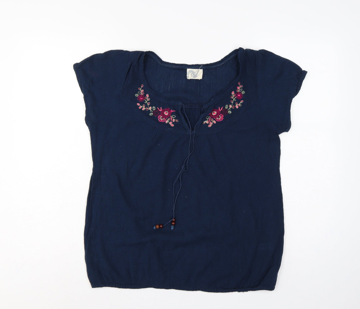 Bhs Women’s Navy Blue Size 14 Embroidered Cap Sleeve Tie Blouse