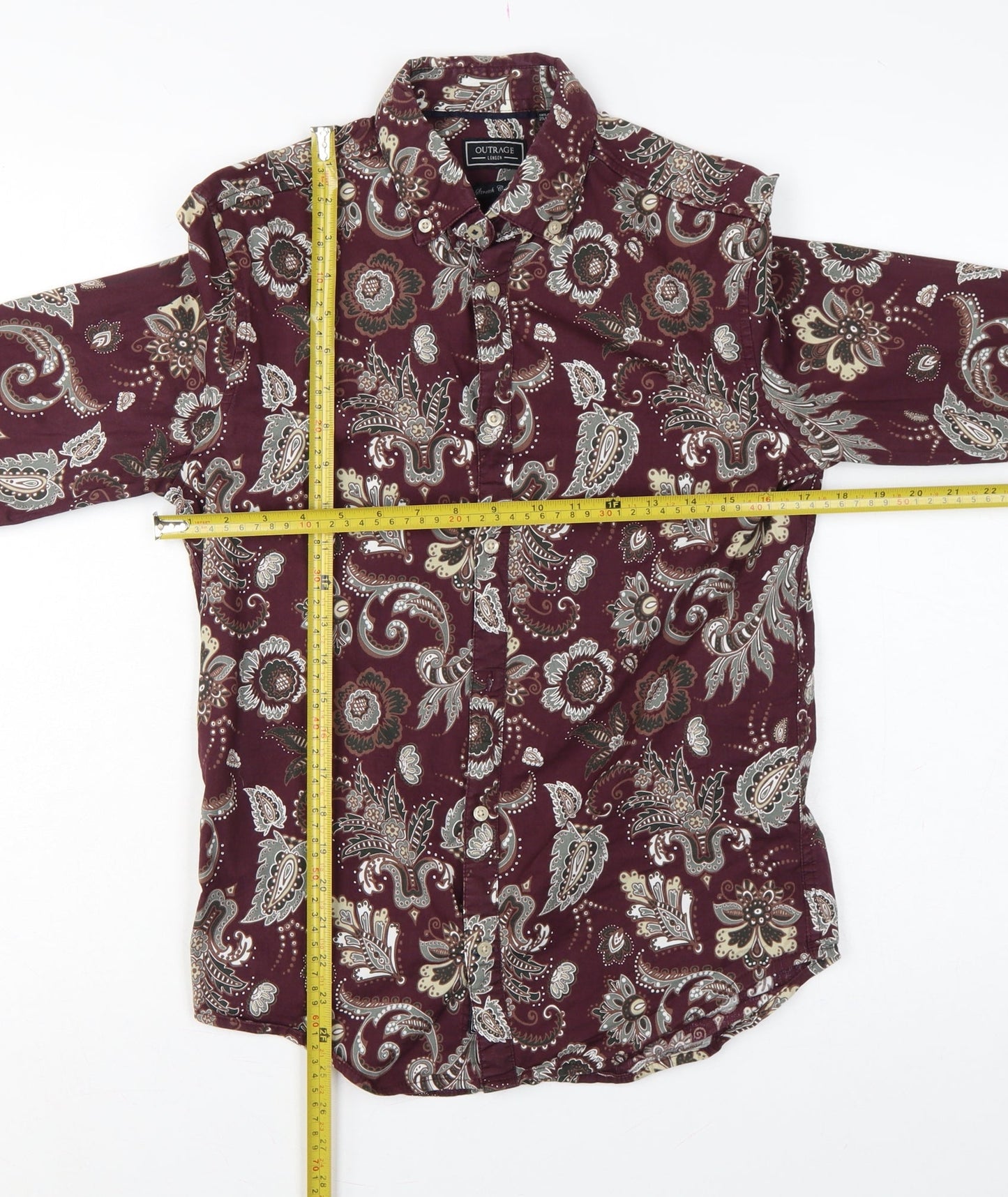 Outrage London Men's Red Paisley Stretch Cotton Slim Shirt S