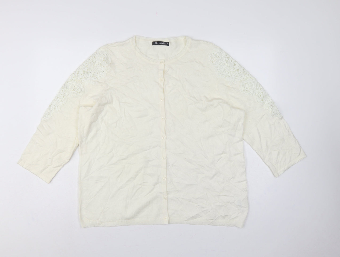 Bonmarché Women’s Ivory L Lace Floral 3/4 Sleeve Cardigan