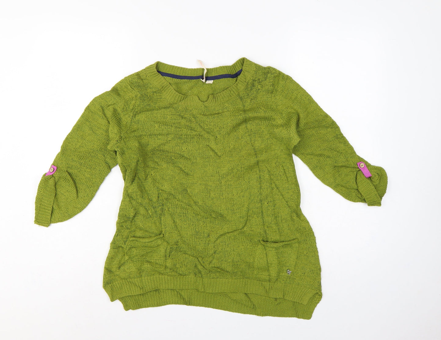 White Stuff Women Green Open Knit Pullover Jumper UK 10 Roll Tab Sleeves