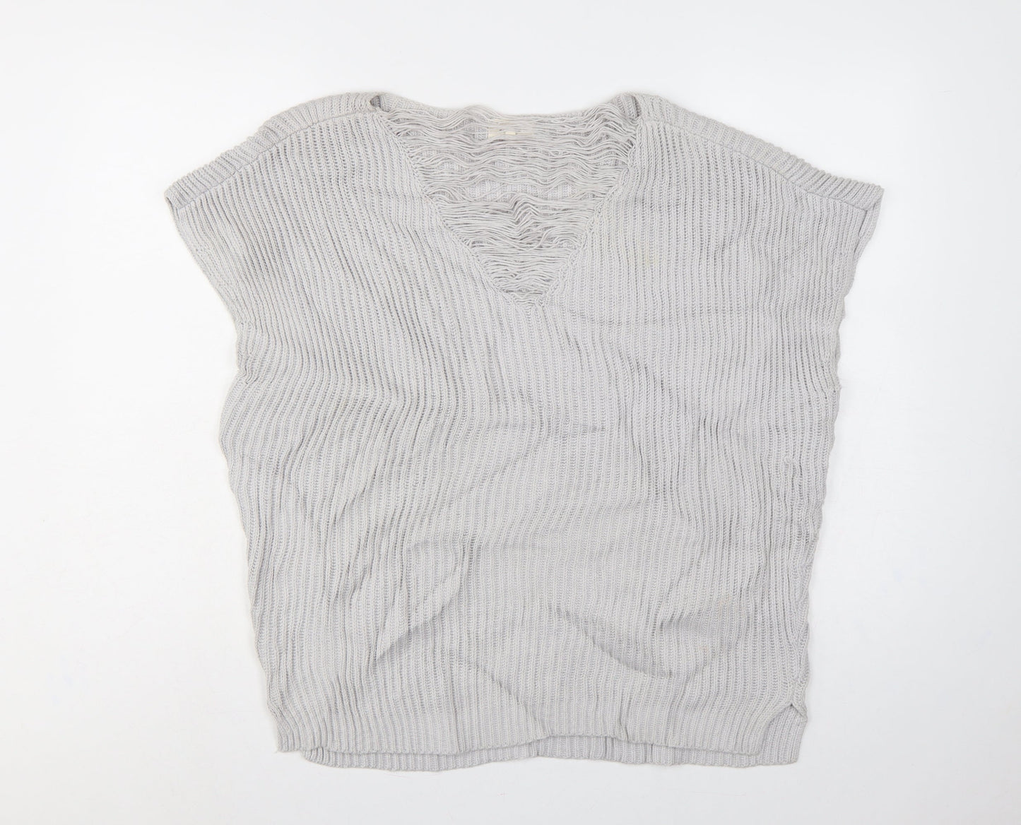Linea Weekend Women Grey M Fringe V-Neck Ribbed Knit Tunic Jumper