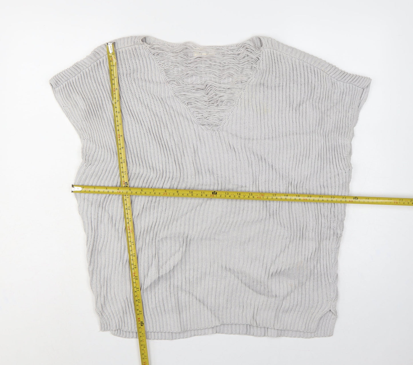 Linea Weekend Women Grey M Fringe V-Neck Ribbed Knit Tunic Jumper