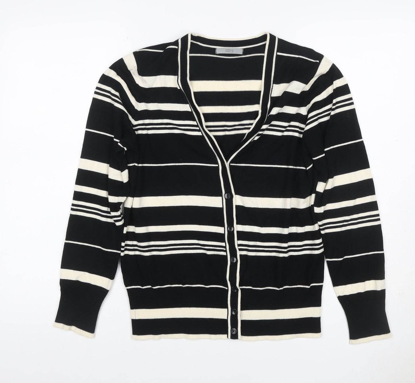 Marks & Spencer Women Black Stripe V-Neck Cotton Cardigan UK 16