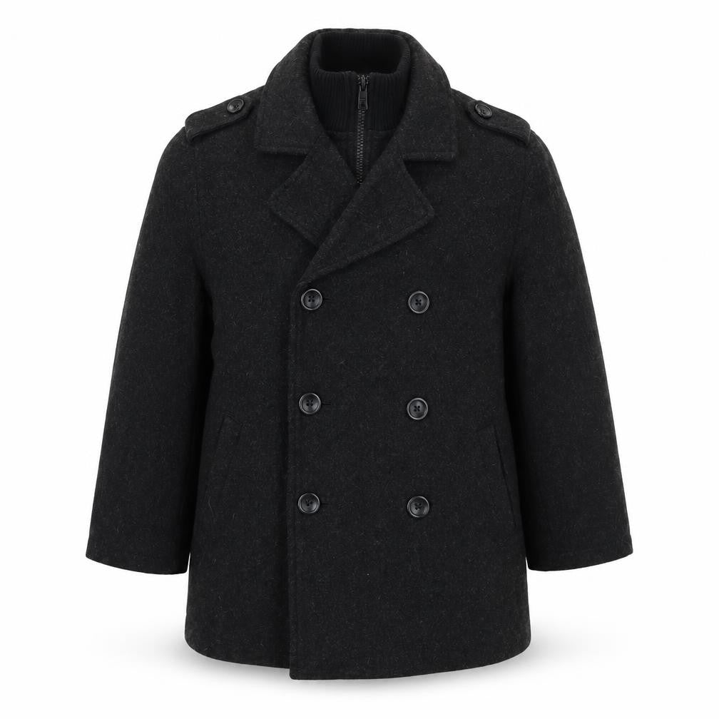 Front view of Gap Kids boys’ black 6-7 years pea coat double-breasted wool blend