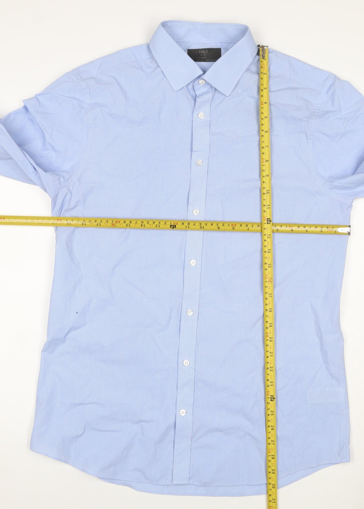 Marks & Spencer Men's Blue 16 Slim Cotton Check Long Sleeve Shirt