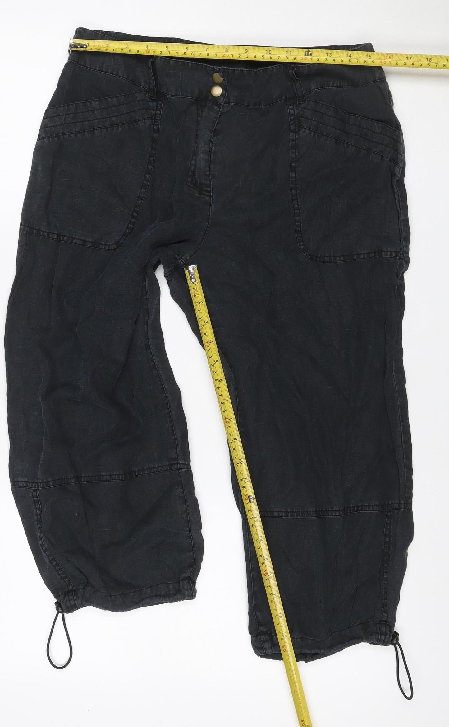 Next Women’s Black Linen Cargo Trousers Petite UK 14 Drawstring
