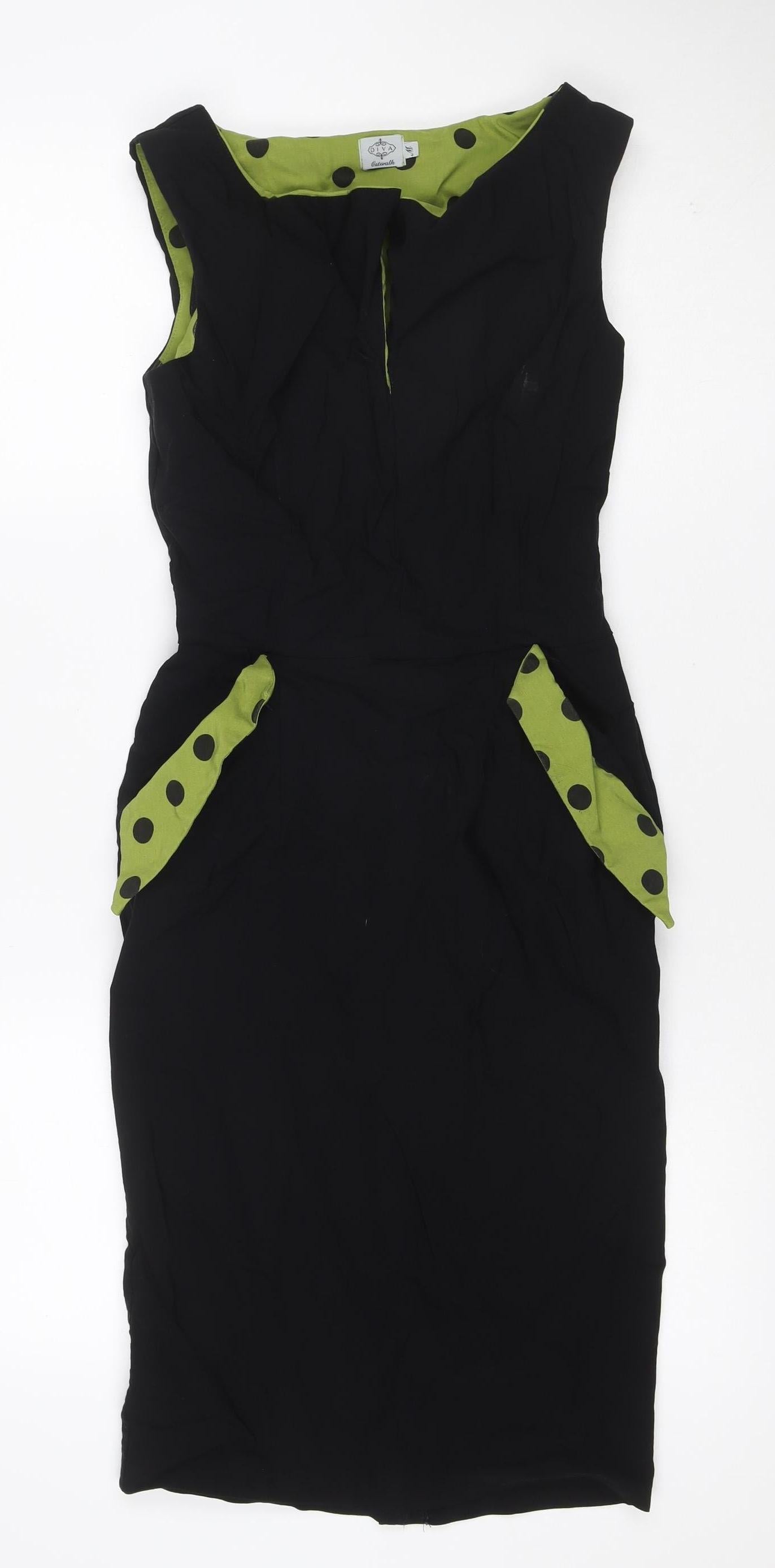 Cappuccini Women Black Green Polka Dot Shift Dress Size M Stretch