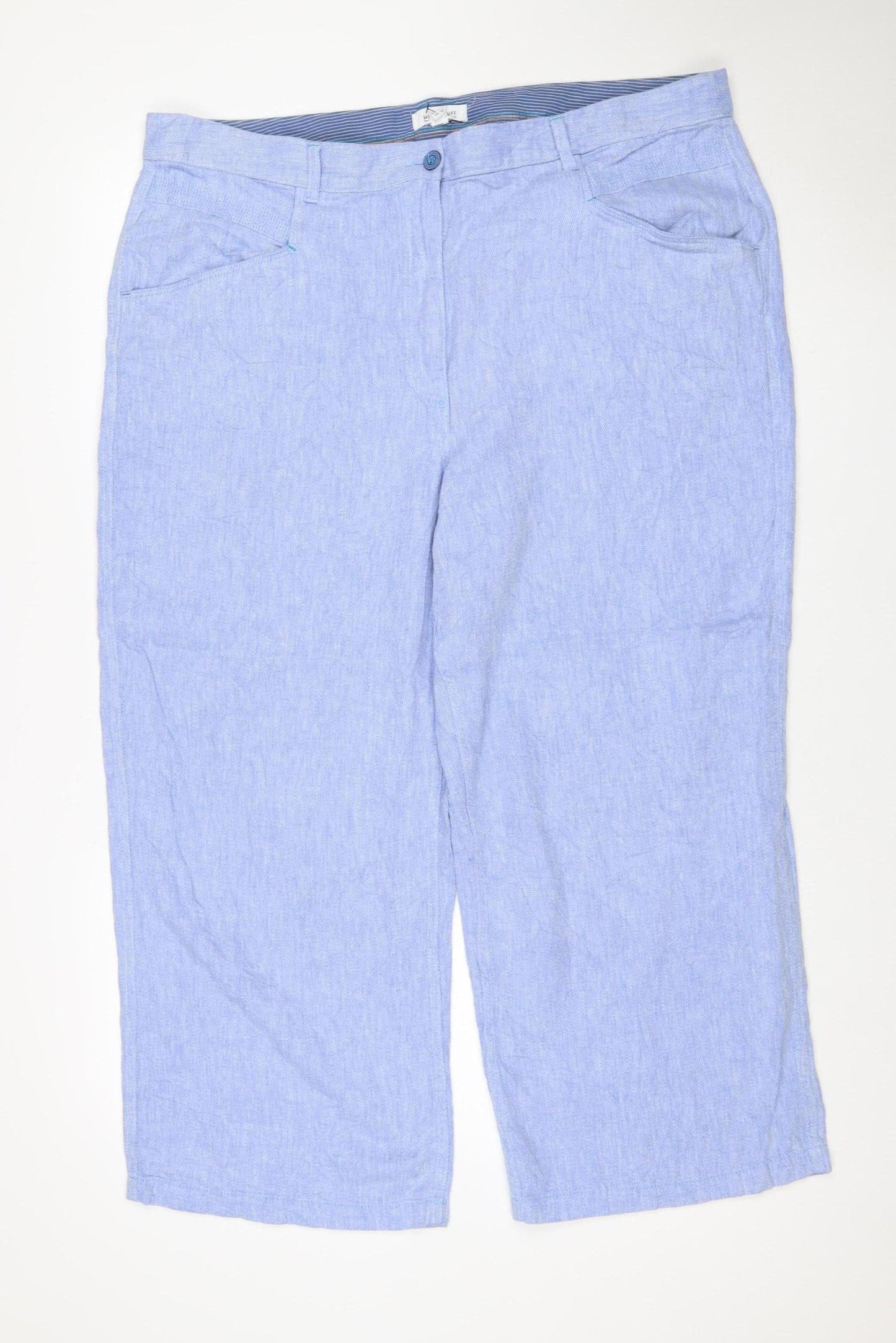 White Stuff Women Blue Linen Cropped Wide Leg Trousers UK 20