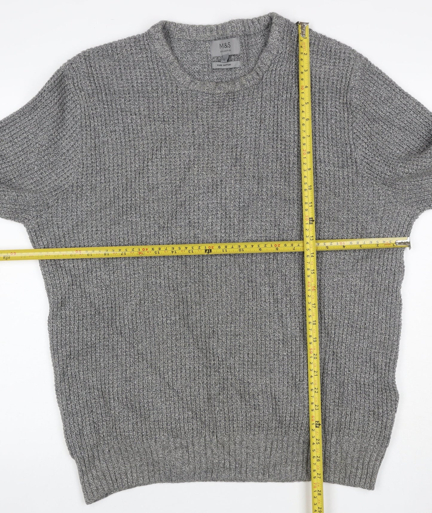 Marks and Spencer Men's Grey L Pure Cotton Rib Knit Crew Neck Jumper