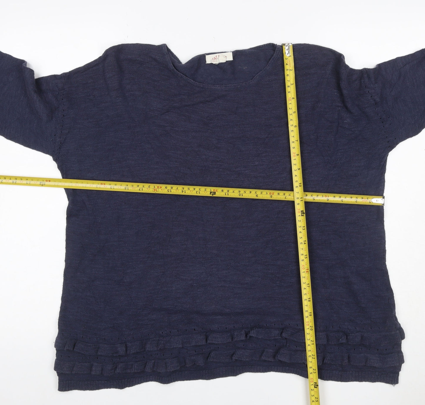 KAT Women’s Navy Blue Linen Blend Ruffle Knit Jumper UK 10 Long Sleeve