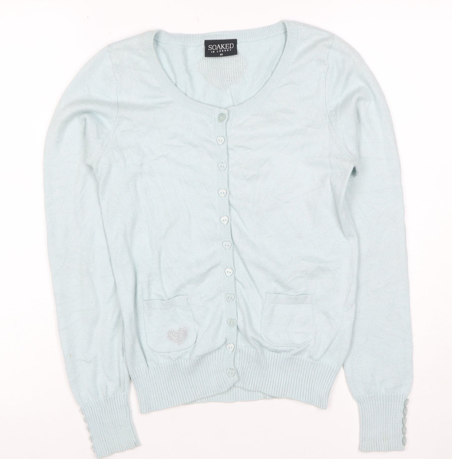 Soaked in Luxury Women Blue XS Heart Button Knit Cardigan