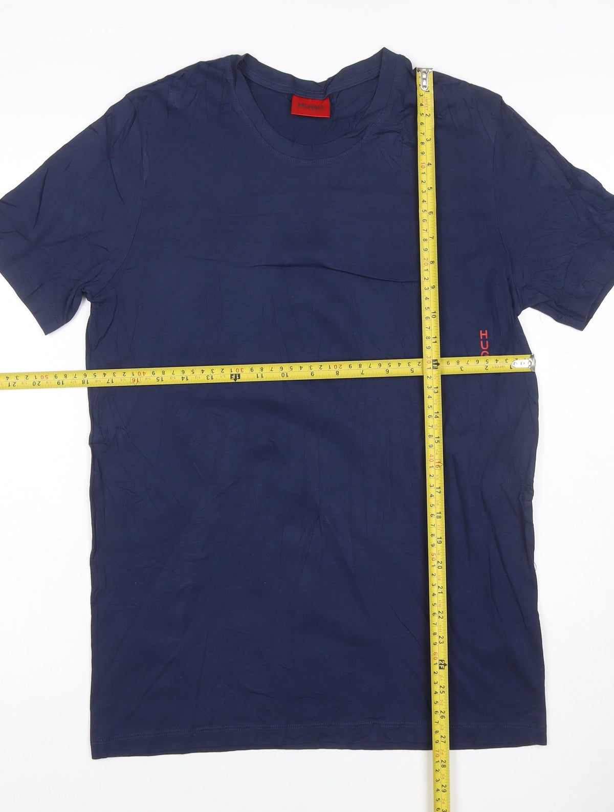 Brand and care label for HUGO Men's Blue S Crew Neck Logo T-Shirt Short Sleeve