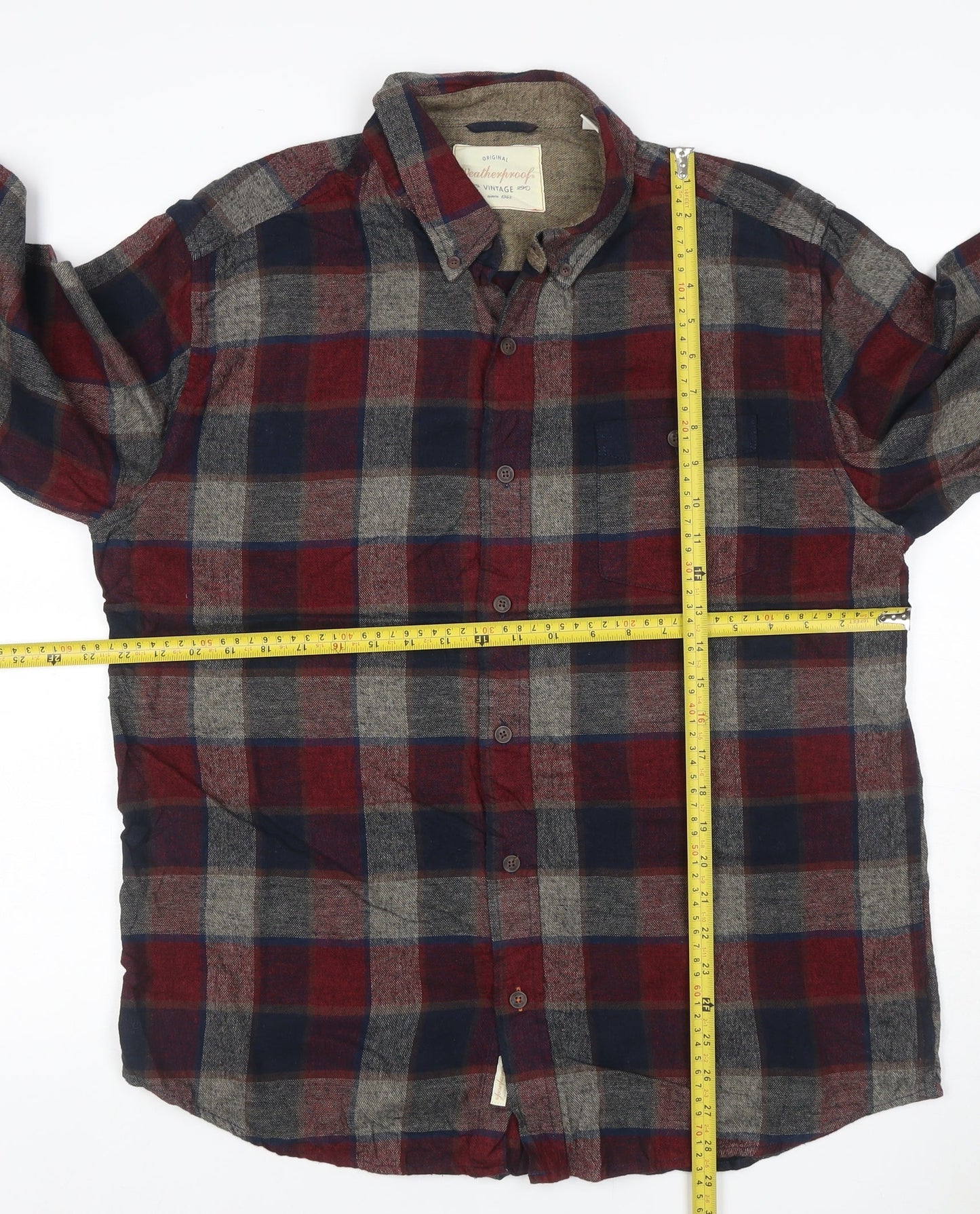 Weatherproof Vintage Men’s XL Red Blue Grey Plaid Flannel Button-Up Shirt