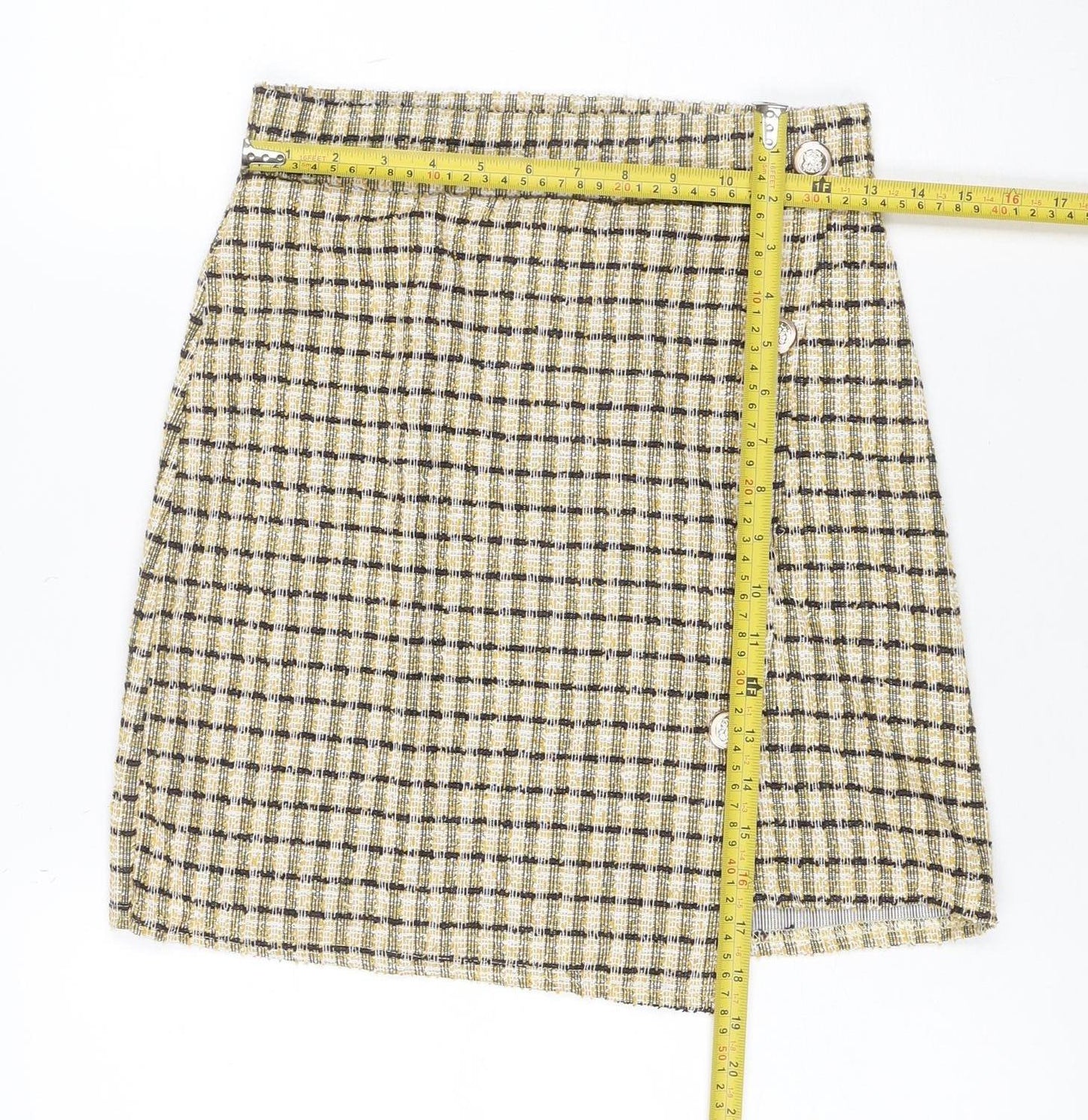 Quiz Women Yellow Check Tweed Wrap Mini Skirt Size 6