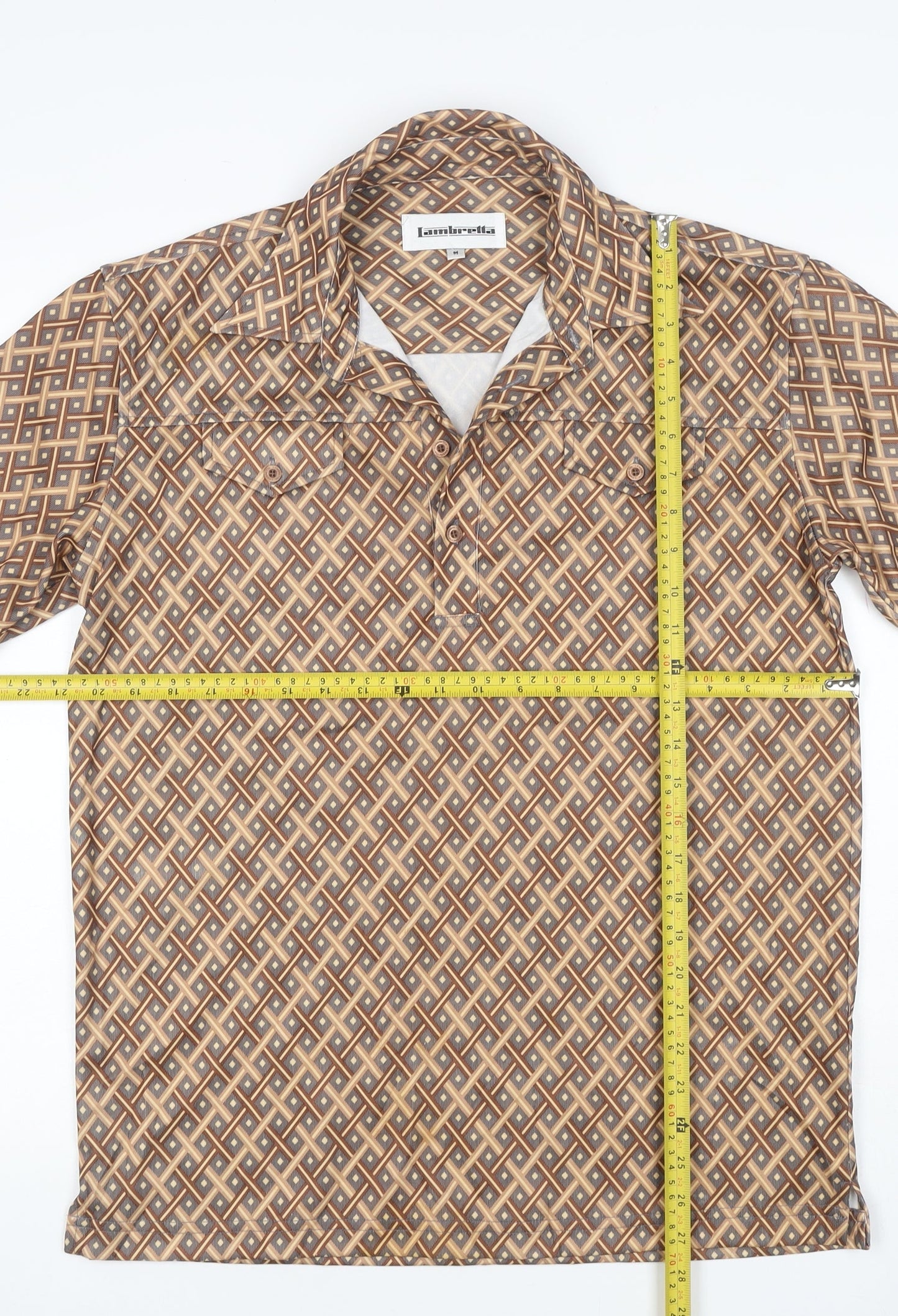 Lambretta Men’s M Brown Geometric Print Short Sleeve Polo Shirt
