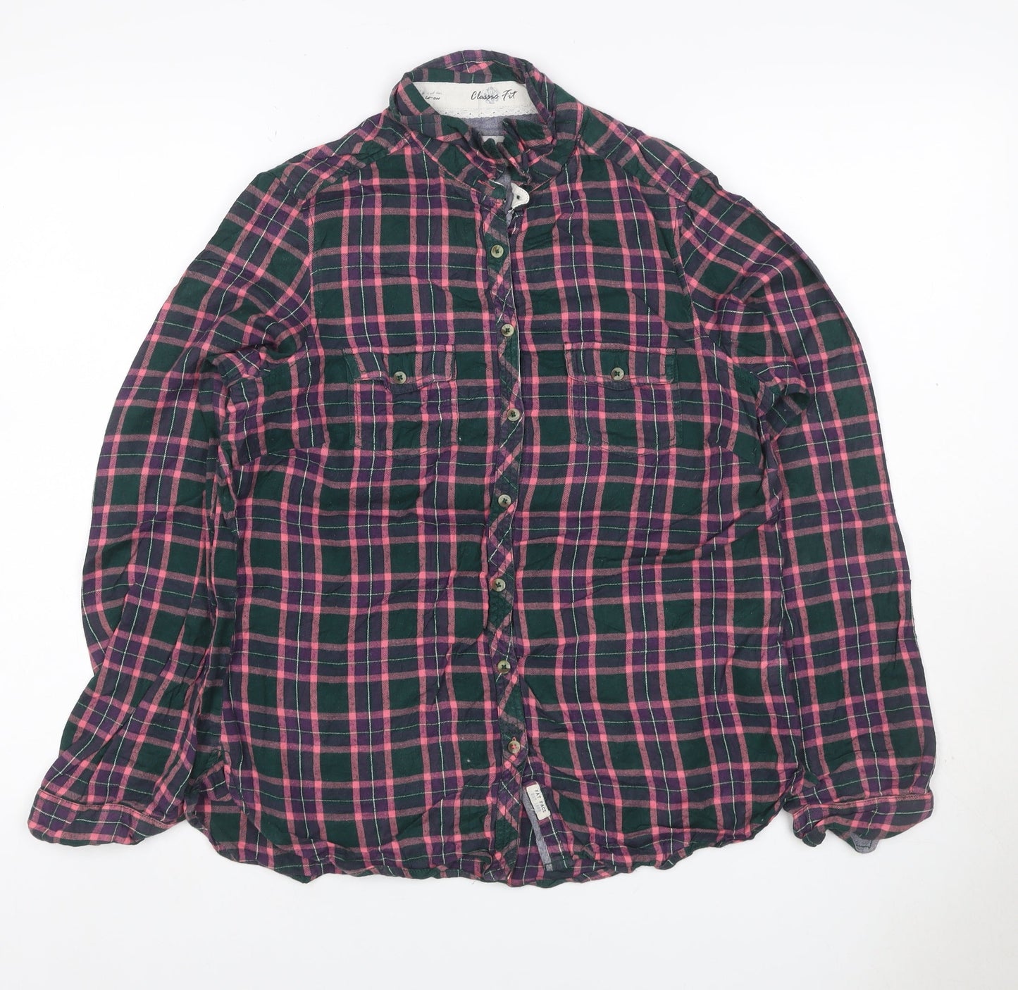 White Stuff Women Green Pink Check Ruffle Shirt UK 12 Long Sleeve