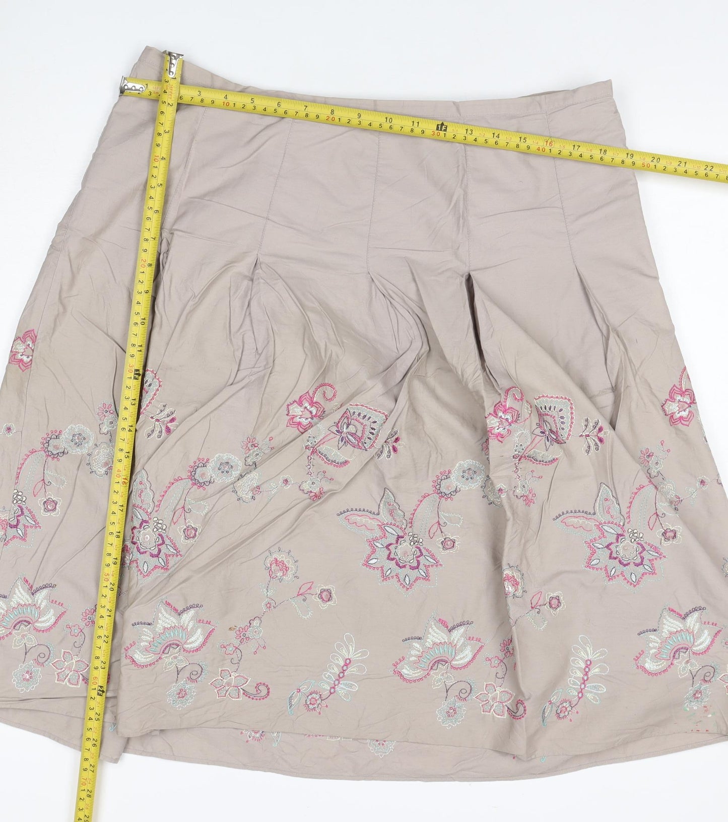 Marks & Spencer Women Beige UK 18 Floral Embroidered A-Line Skirt