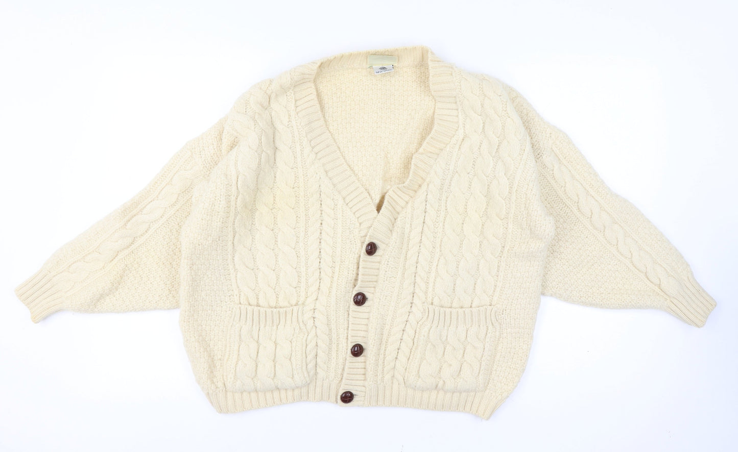 Concept Knitwear Women Size L Ivory Pure Wool Cable-Knit Button Cardigan