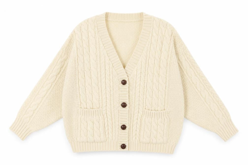 Concept Knitwear Women Size L Ivory Pure Wool Cable-Knit Button Cardigan
