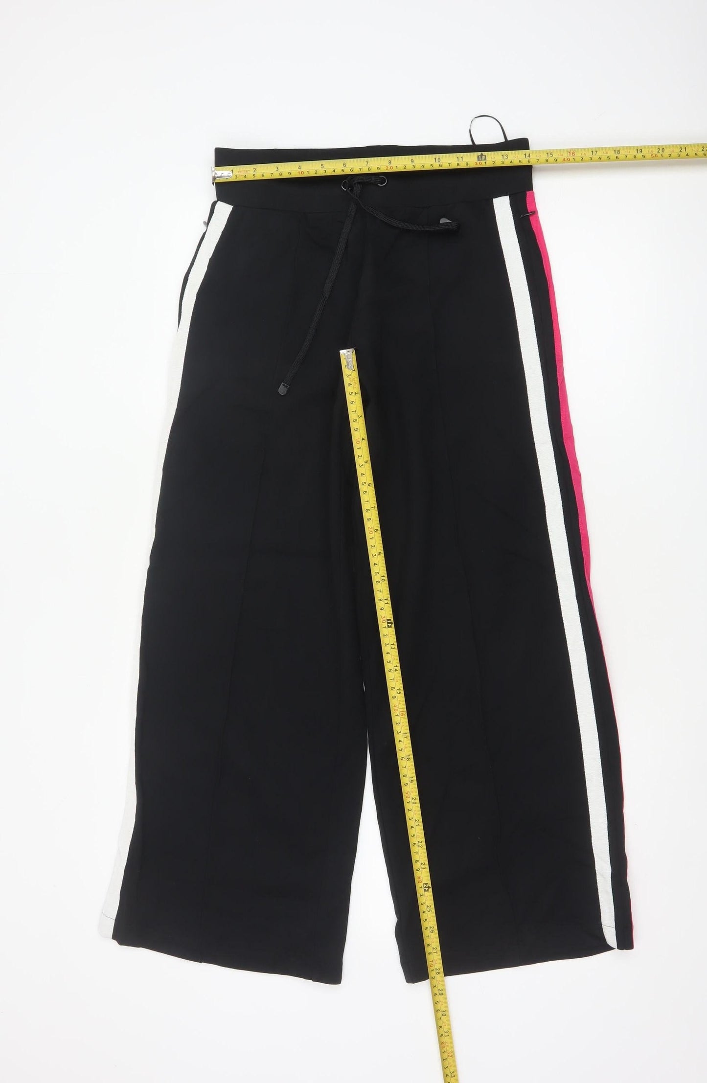 Marks & Spencer Women's Black UK 10 Short Wide-Leg Drawstring Stripe Trousers