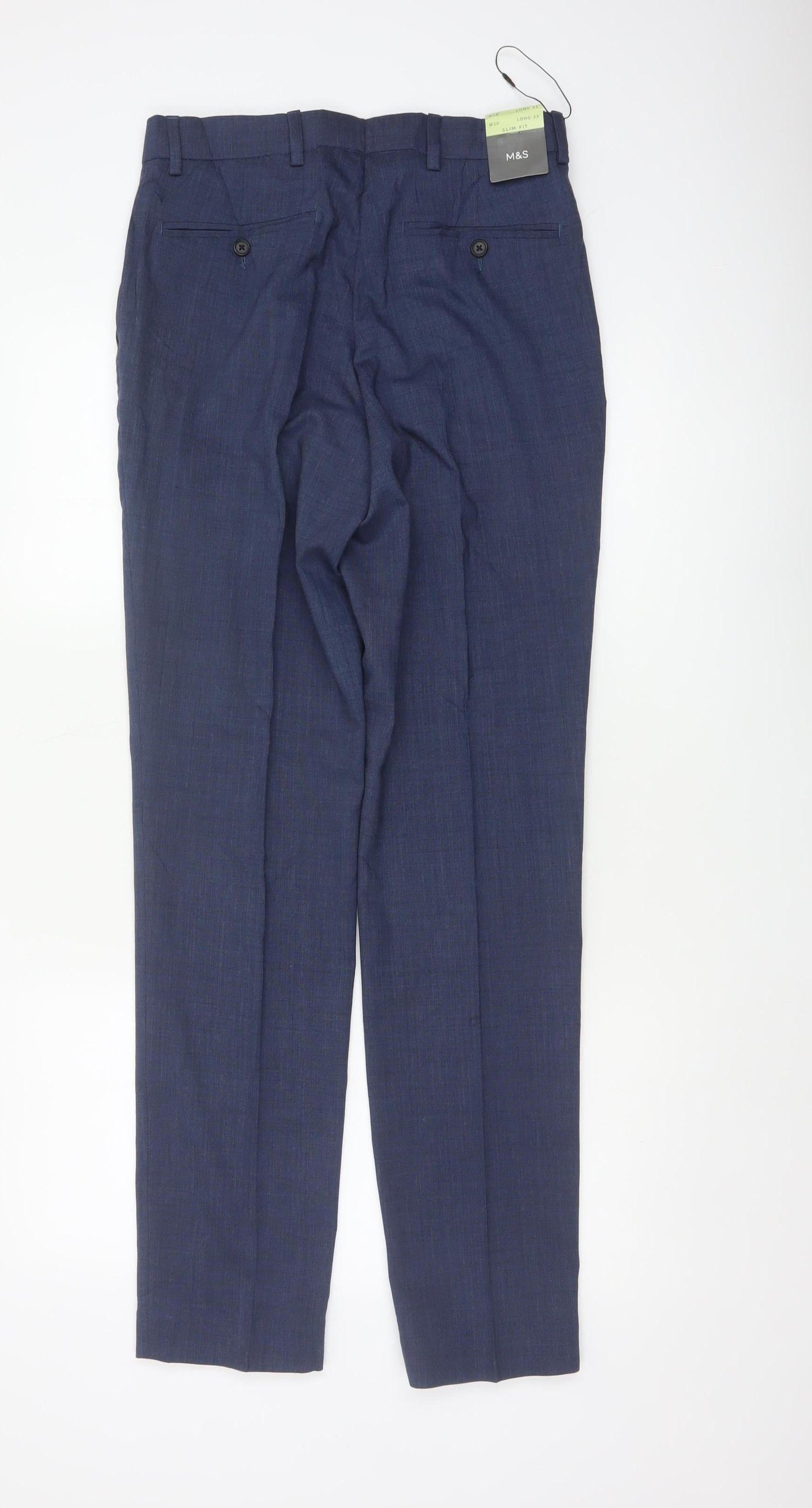 Marks and Spencer Men’s Blue 28 Slim Fit Wool Blend Dress Trousers